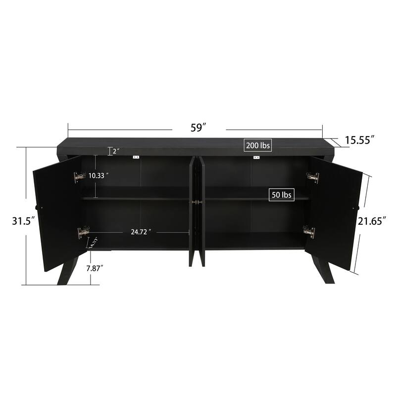 Refined Industrial 4-Door Credenza with Wooden Arc Legs & Bronze Clasps