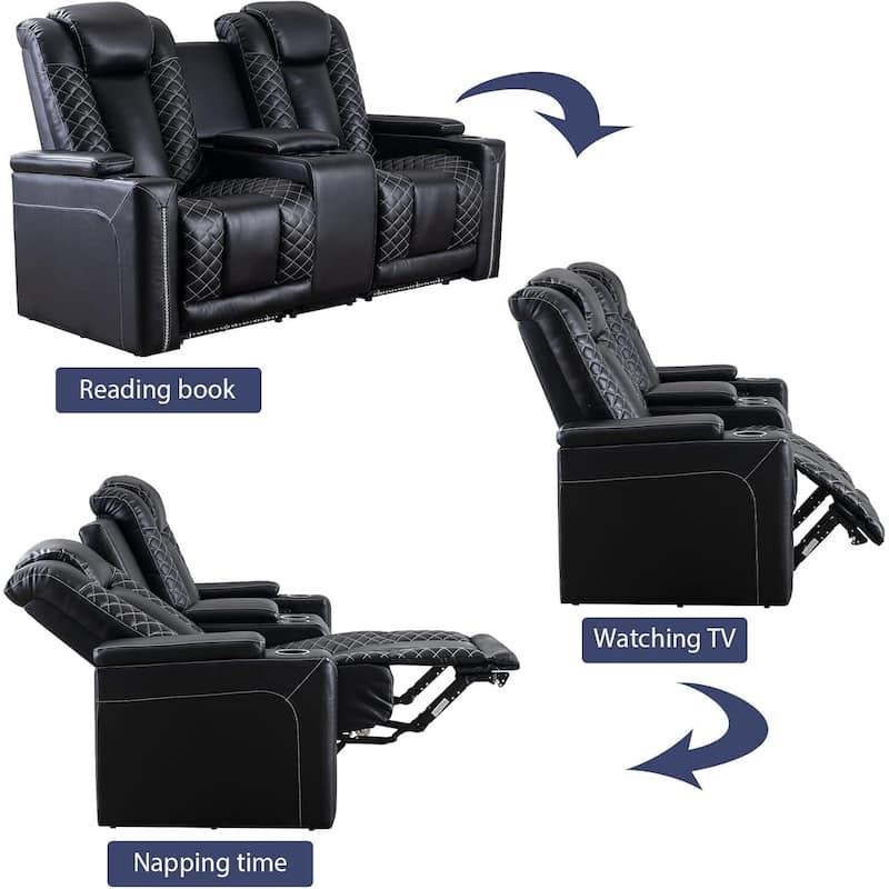 Electric Power Recliner Chairs with USB Ports and Cup Holders Faux Leather Home Theater Seating Recliner with Hidden Arm Storage