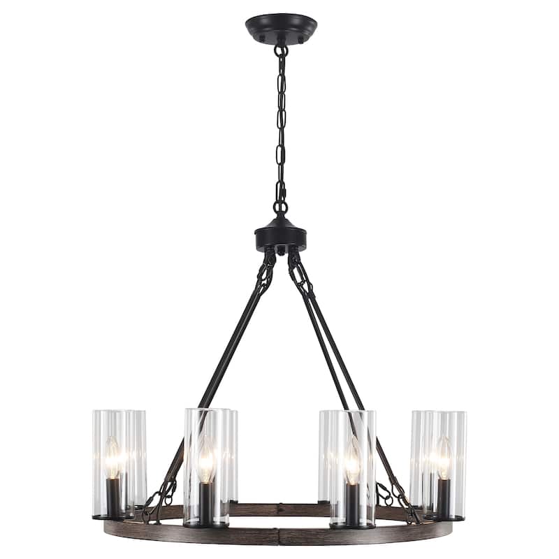 25.98inch 8-light Farmhouse Wagon Wheel Height Adjustable Chandelier With Glass Shade for Multiple Spaces - Black+Brown
