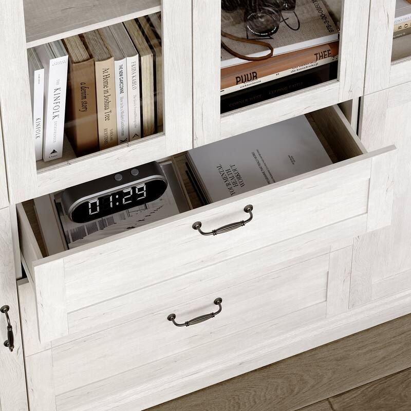 Bookcase Cabinet with Glass Doors and Drawers Multi-Purpose Storage Display Hutch for Living Room or Dining Room