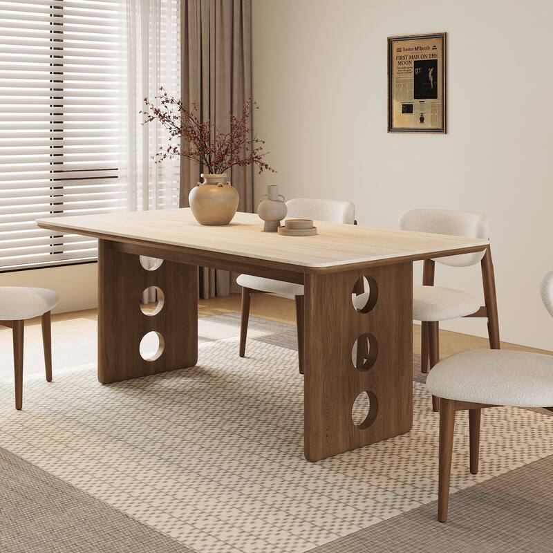 71"Mid-Century Modern Dining Table For 6, Retangular Kitchen Table With Beige Travertine Sintered Stone Top