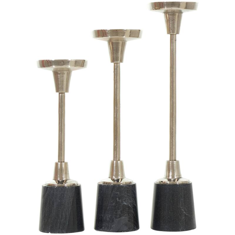 Silver Aluminum Slim Geometric Candle Holder with Black Marble Base (Set of 3)