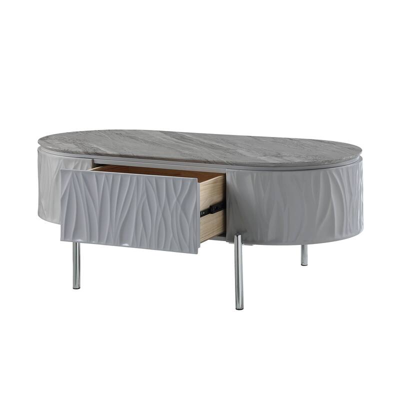 HomeRoots 47" Gray Wood and Steel Oval Coffee Table With Drawer - 47.00 in. x 18.00 in. x 24.00 in.