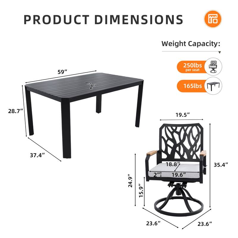 5-Piece Aluminum Dining Set - Rectangular Table and 4 Swivel Rockers, Branch Back, Bourbon Brown - 59" D x 37.4" W x 28.7" H