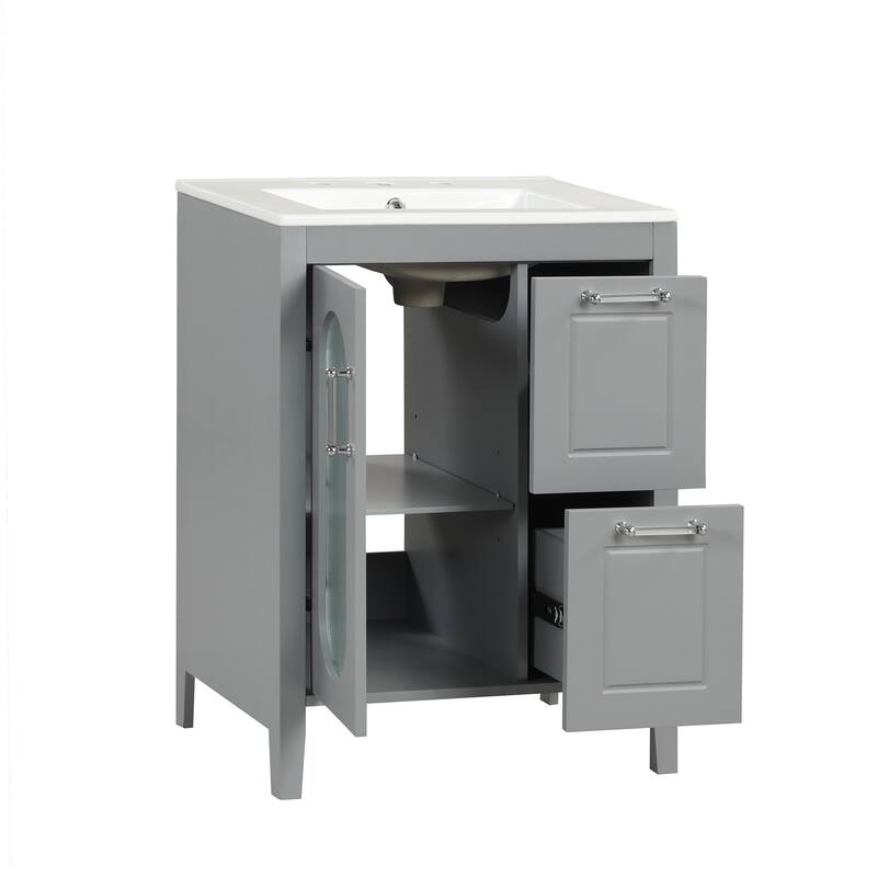 24" Black Bathroom Vanity with Sink - Solid Wood & MDF, Moru Glass Door, 2 Drawers, Adjustable Shelf