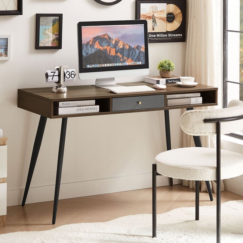 Mid-Century Modern Office Desk with Built-In Charging Station & Storage Drawers
