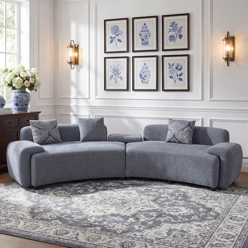 Christopher Knight Home - Lunaria 122" Modern Upholstered Curved Sofa with 2 Damask Pattern Pillows