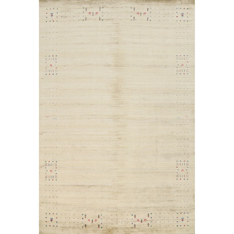 Hand Knotted Oriental Viscose Silk Carpet Tribal Animal Pictorial Beige & Ivories Gabbeh Area Rug - 11' 10'' X 8' 11''