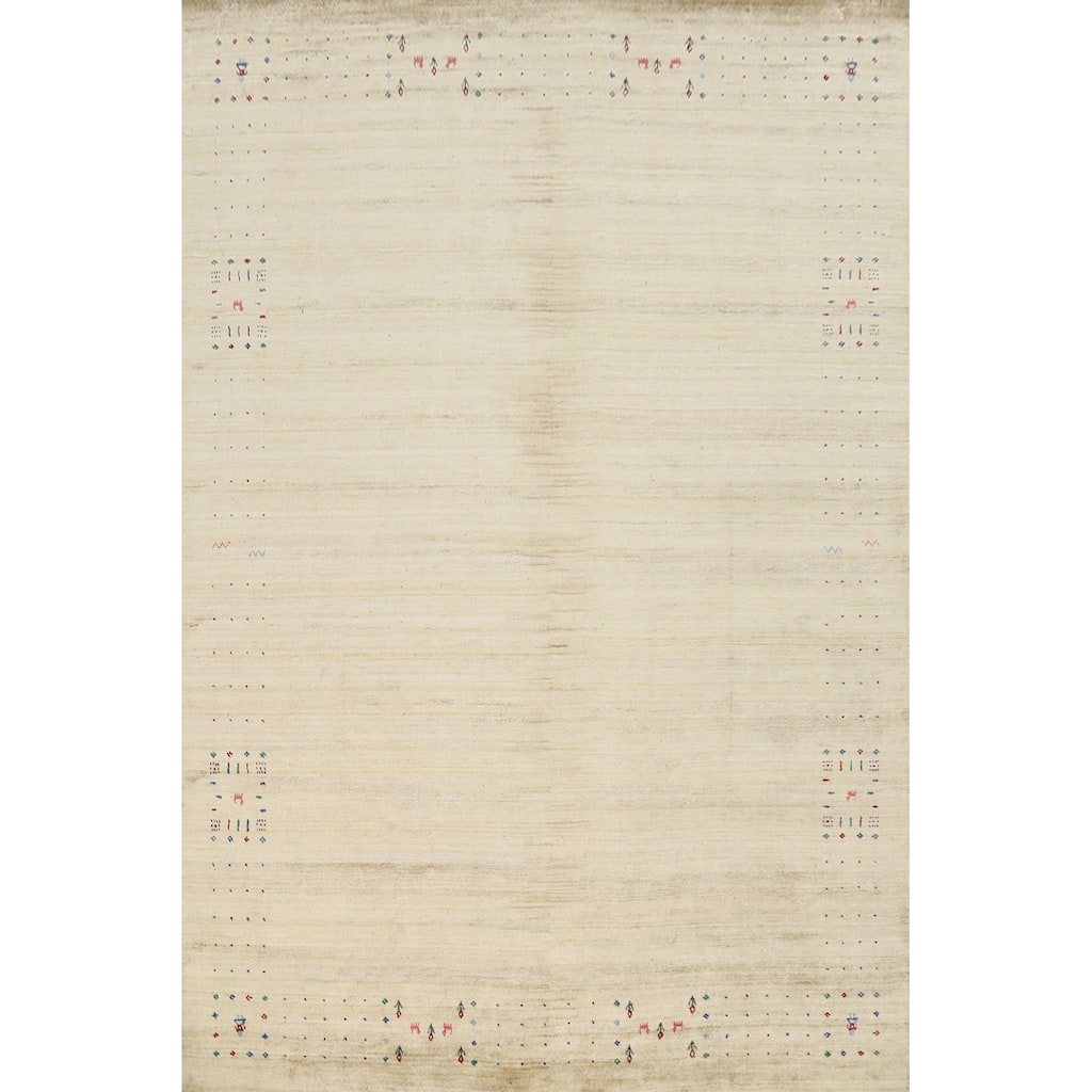 Hand Knotted Oriental Viscose Silk Carpet Tribal Animal Pictorial Beige & Ivories Gabbeh Area Rug - 11' 10'' X 8' 11''