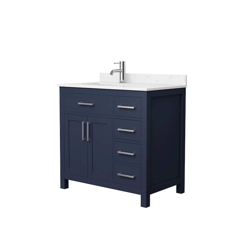 Beckett 36 Inch Single Vanity, Cultured Marble Top - Dark Blue, Nickel Trim,Carrara Cultured Marble Top