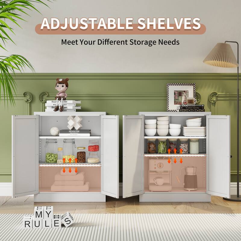 34.6" White Metal Pantry Cabinet with Adjustable Shelves - Freestanding Kitchen Storage Organizer with Easy-Grip Handles