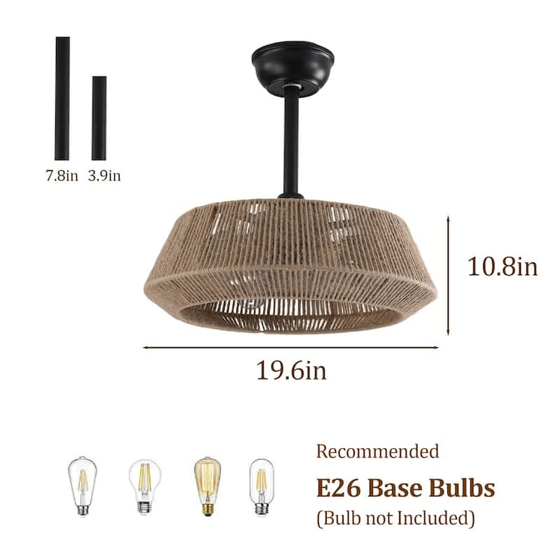 19" Bedroom Fan Light with Rope Suspension with 4 Bulbs and Reversible DC Motor