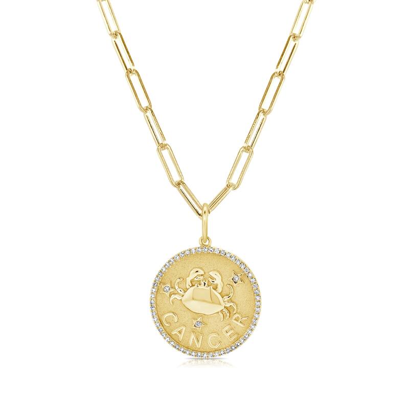 Zodiac Diamond Sign Necklace 14k Gold - Coin Pendant - Yellow Gold Diamond Necklace for Her - Women's Neckace