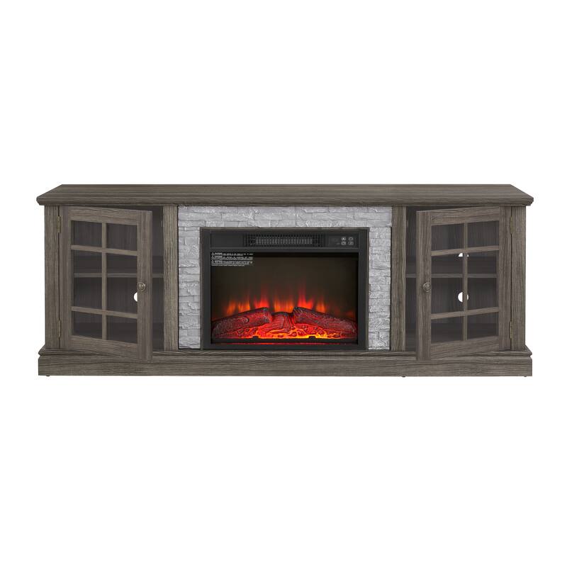 GDFStudio Thatch Wood 70" TV Stand with Faux Stacked Stone Fireplace and 2 Door Storage
