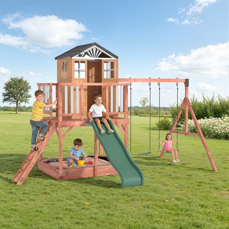 Kids Outdoor Wooden Swing Set with Elevated Playhouse, Wave Slide, Belt Swings and Sandbox - Natural Wood
