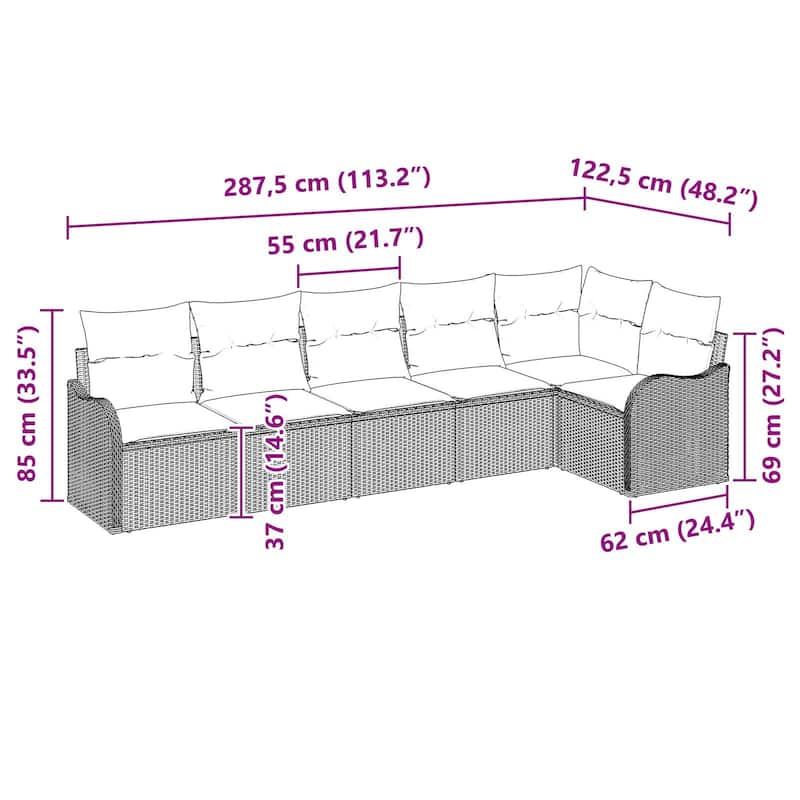 vidaXL 6/7 Garden Sofa Set with Cushions Black/Brown/Grey Poly Rattan - 113.2 x 48.2 x 27.2