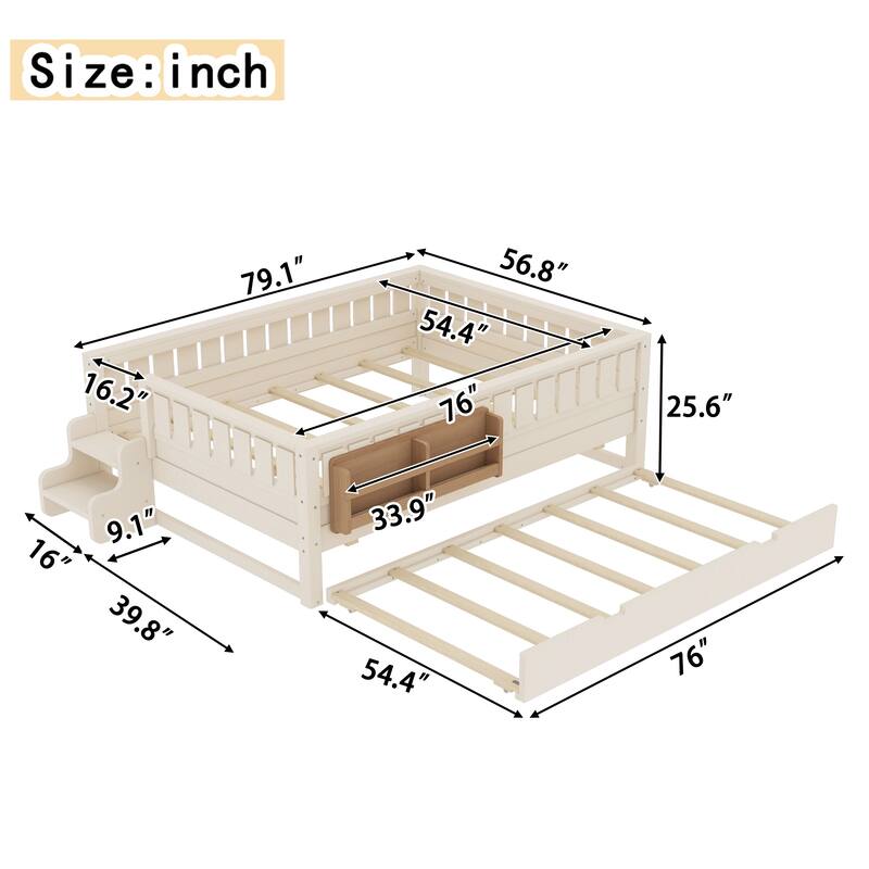 Full/Twin Size Wood Bed with Built-in Bookshelves and Storage Staircase, Safety Rails and Trundle Bed
