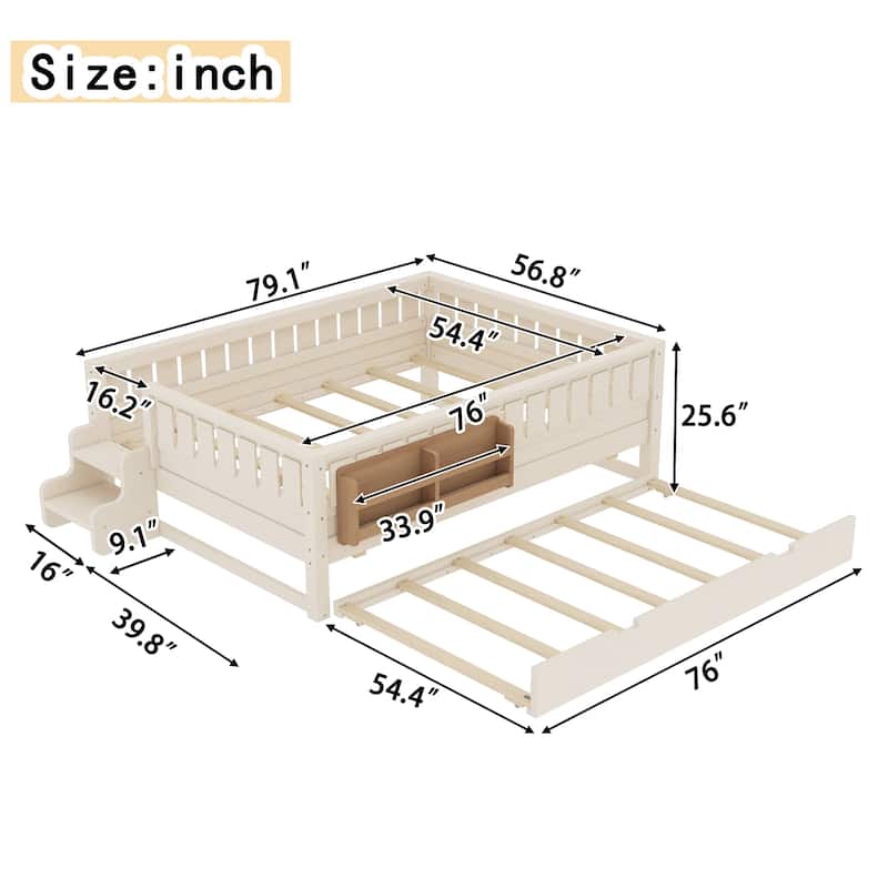 Roomfitters Floor Bed with Bookshelf and Trundle, Low Profile Frame with Step Entry