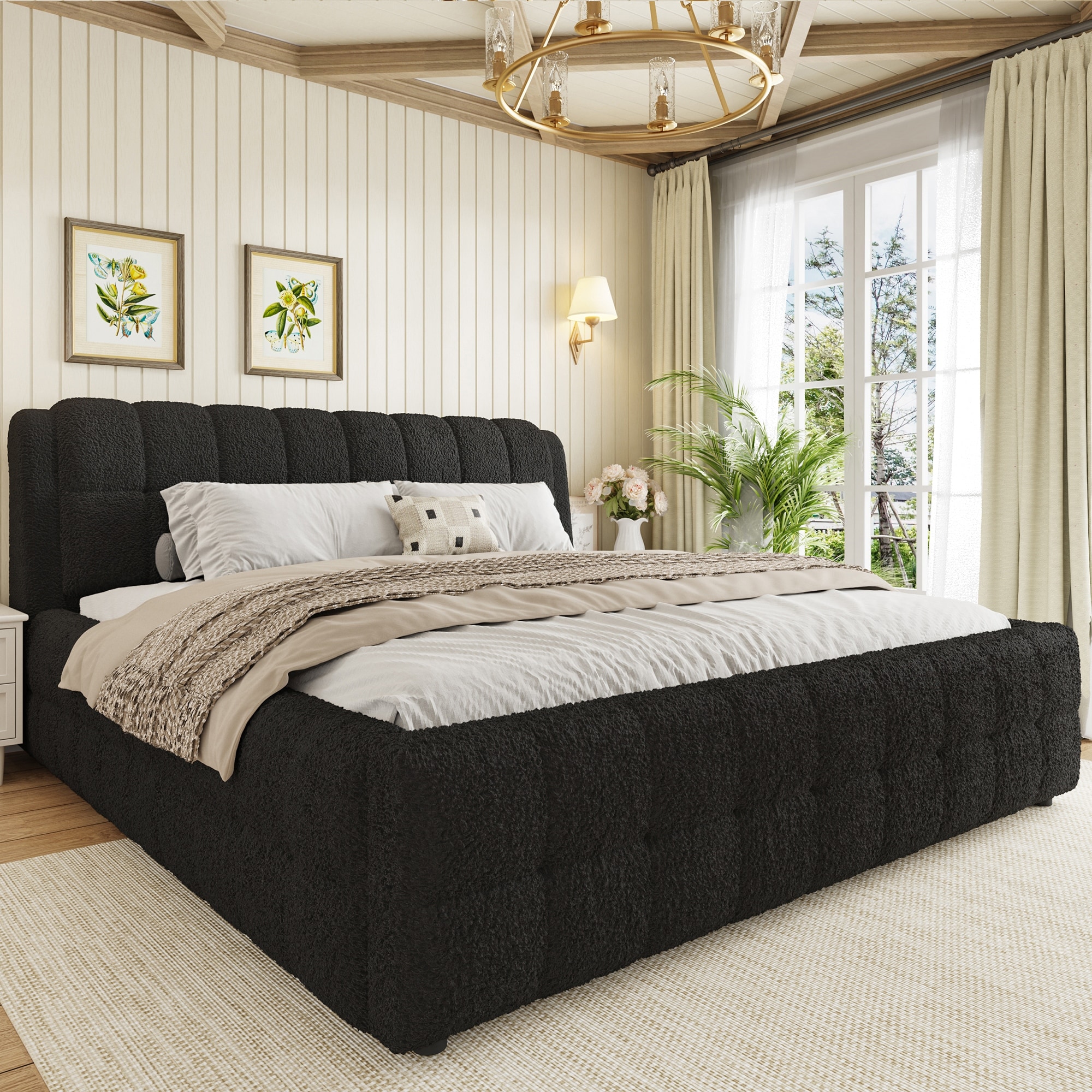 Roomfitters King Size Upholstered Platform Bed Frame, Vertical Channel Tufted Backrest Bubble Design for Bedroom