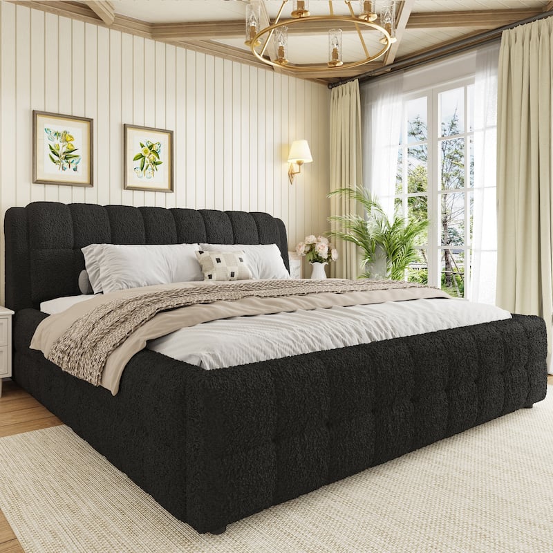 Upholstered Platform Bed with Thick Wingback Headboard and Wood Slat Support