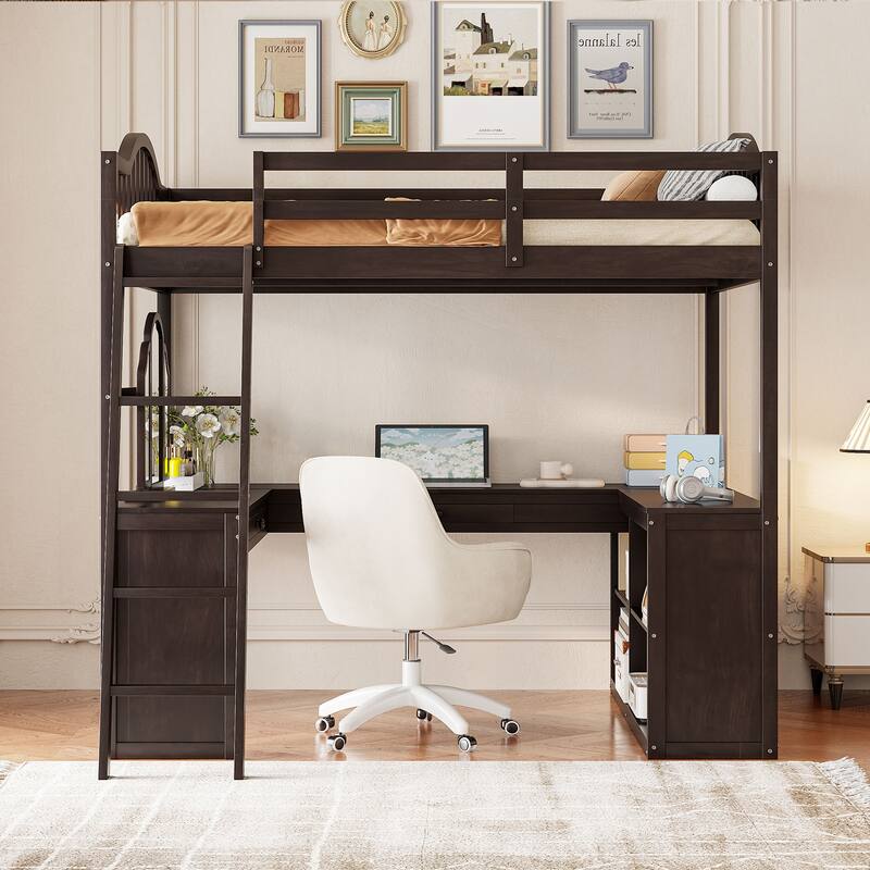 Full Wooden Loft Bed with U-shaped Desk,Storage Compartments and Tri-fold Mirror, Gray - Espresso
