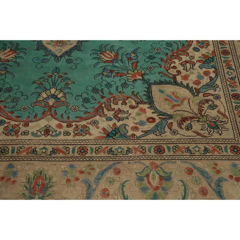 Hand Knotted Oriental 100% Wool Carpet Traditional Floral Green Tabriz Area Rug - 10' 11'' X 8' 3''
