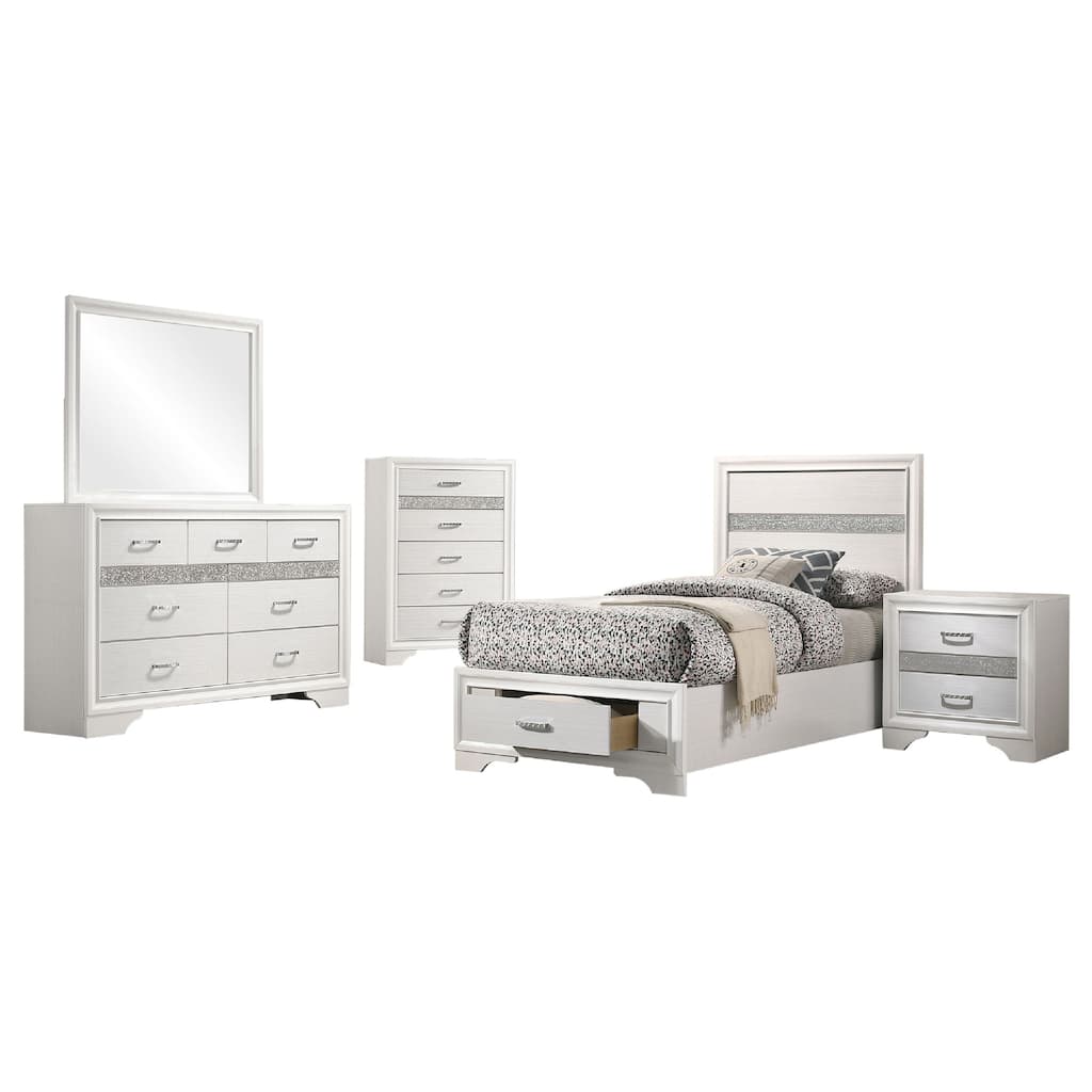 Vino White 5 Piece Twin Bed Set with Storage, Dressers, Glitter Accent