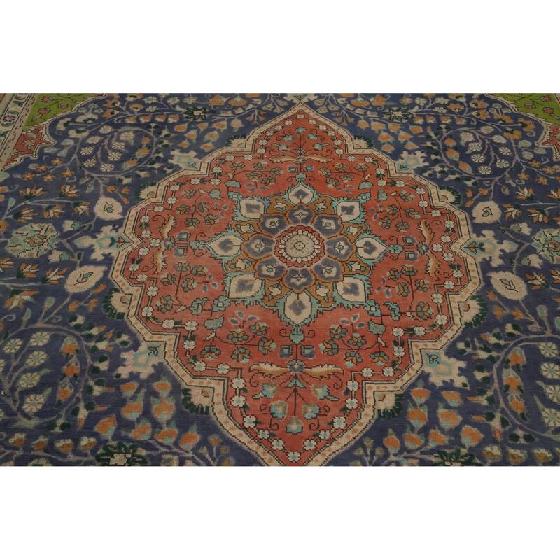 Hand Knotted Oriental 100% Wool Carpet Traditional Floral Navy Blue & Blues Tabriz Area Rug - 10' 9'' X 8' 0''