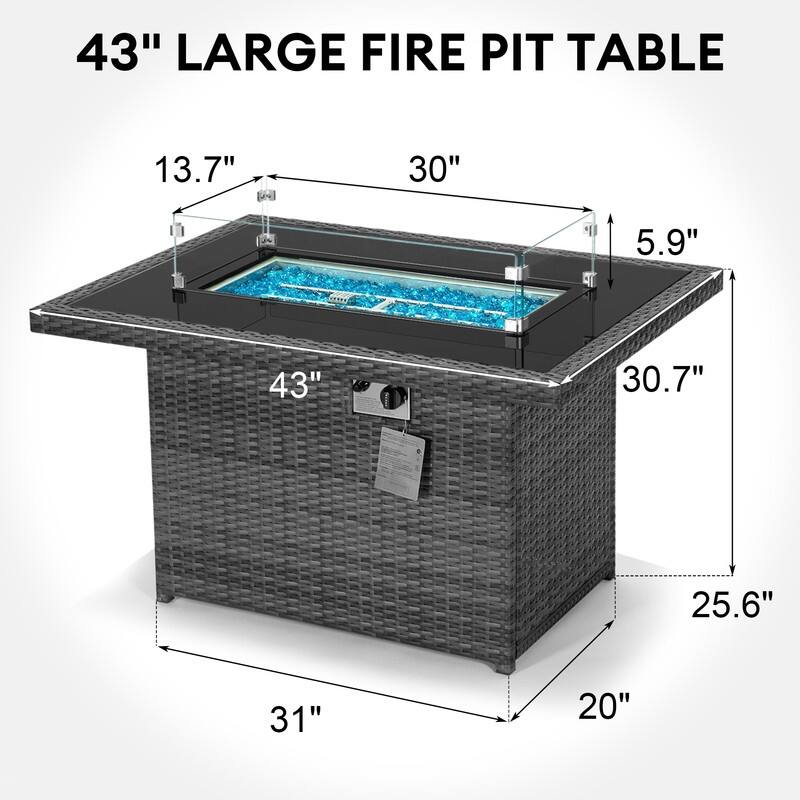 FINCATI 43" Outdoor 60,000 BTU Propane Fire Pit Table, Elegant Natural Gas Wicker Fire Pit, Patio Rectangular Fireplace