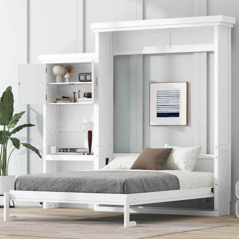 Classic Louvered Style Queen Size Murphy Bed with Storage Shelves - White