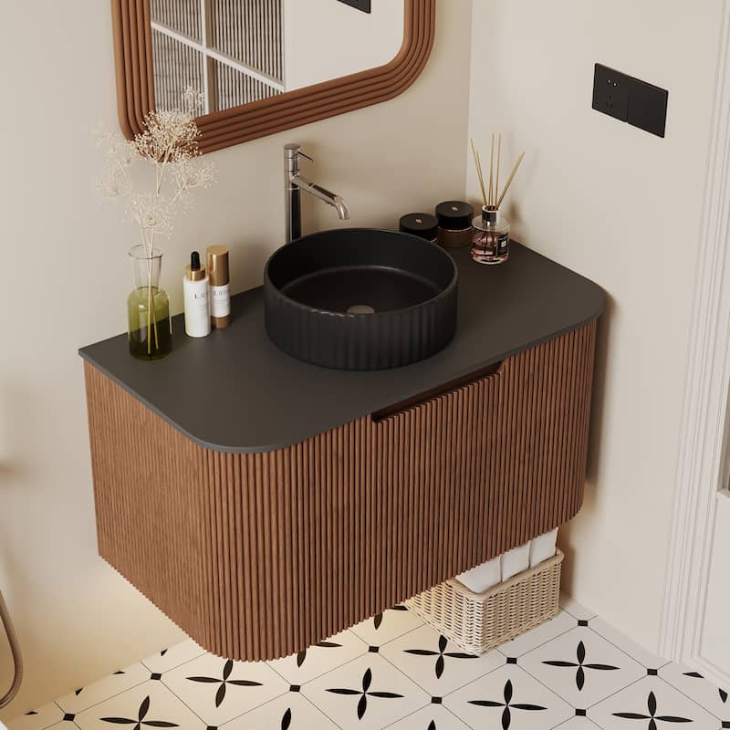 35.83'' Single Bathroom Vanity with Stone Top, Brown, 2 Drawers