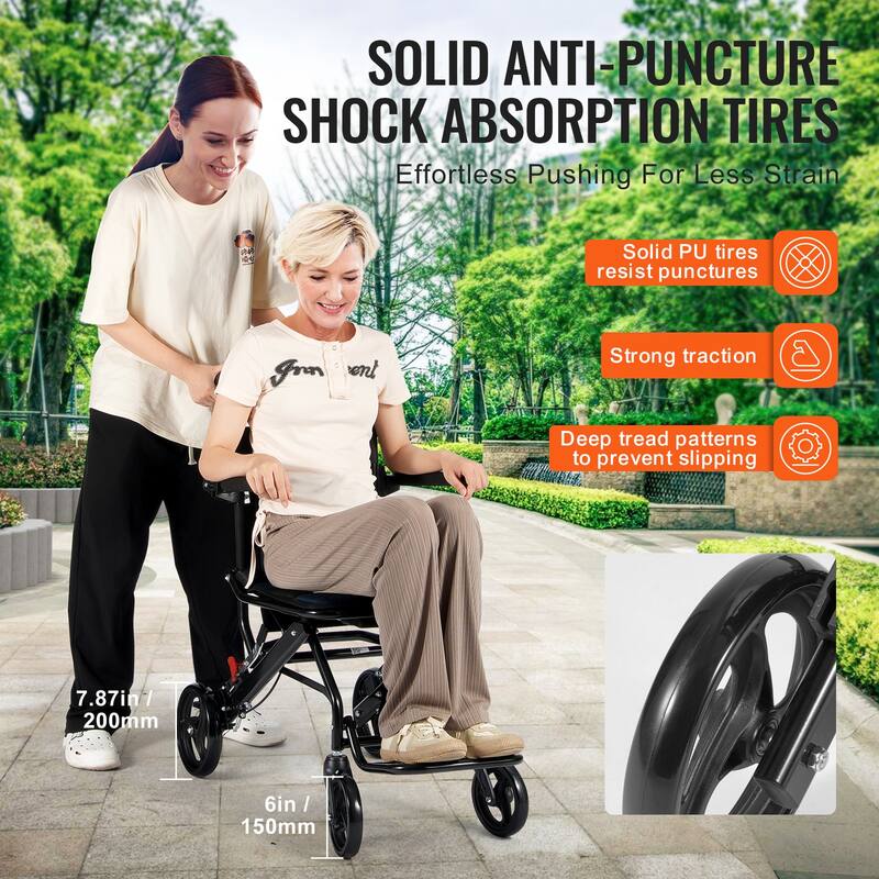 Wheelchair, Carbon Steel Transport Chair for Adults, Foldable Wheelchair with Armrest, Self-locking Brake