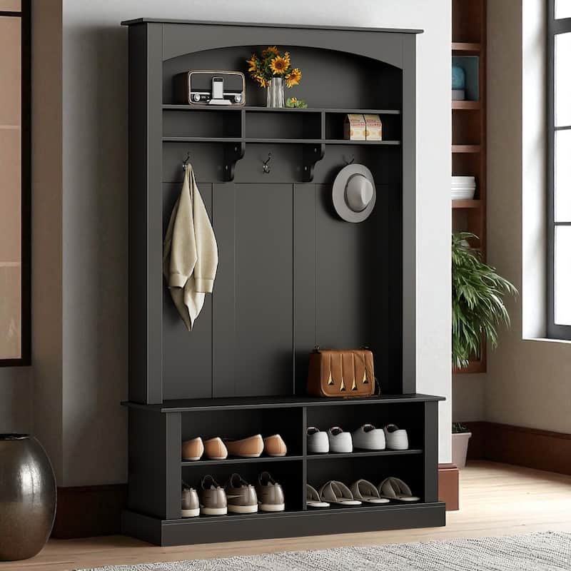 47.2 in Hall Tree with Bench & Shoe Storage, 3 Hooks, Adjustable Shelves, Modern Entryway Coat Rack 75.3 in H - Black