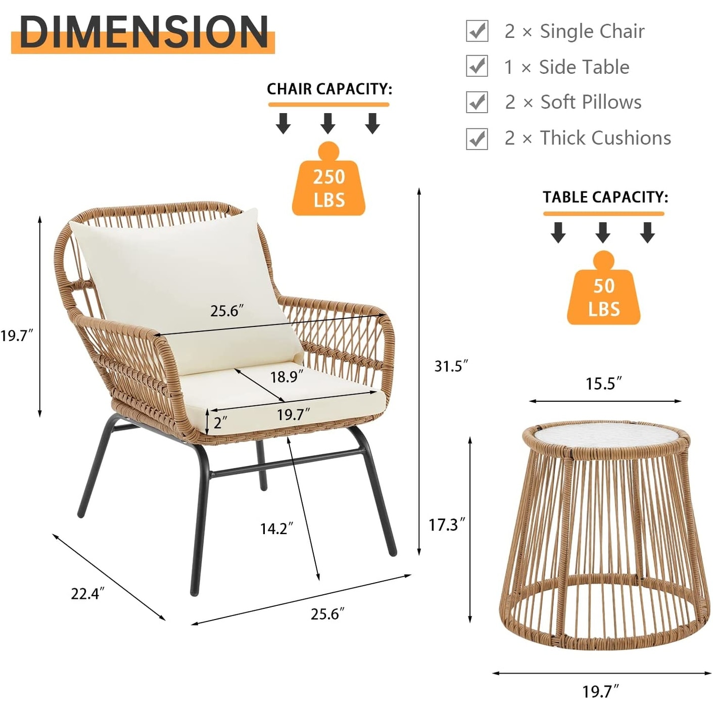 EROMMY 3-Piece Patio Conversation Set with Glass Table & 2 Armchairs, Seat Cushions