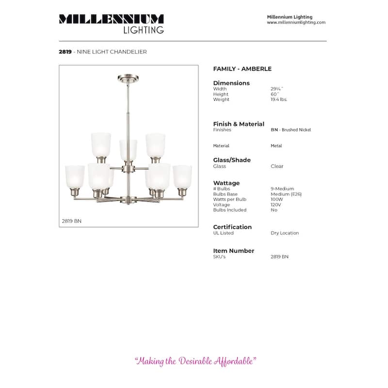 Millennium Lighting Amberle 2 Tier Brushed Nickel or Matte Black 9 Light Chandelier with Frosted White Shades