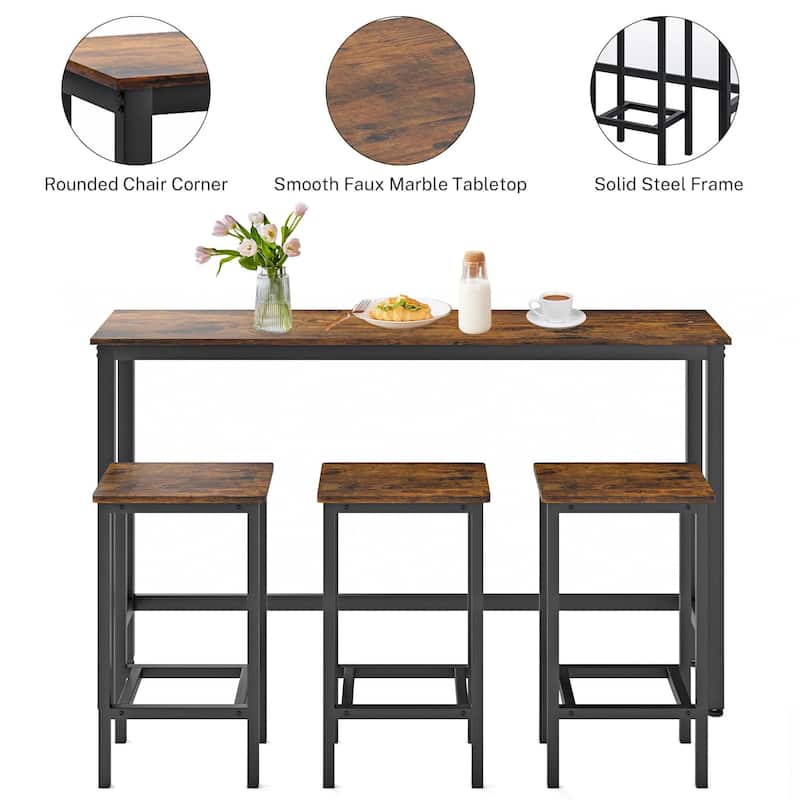 Modern 4 Piece Bar Dining Table and Chair Set, Kitchen High Dining Table Set with Three Stools