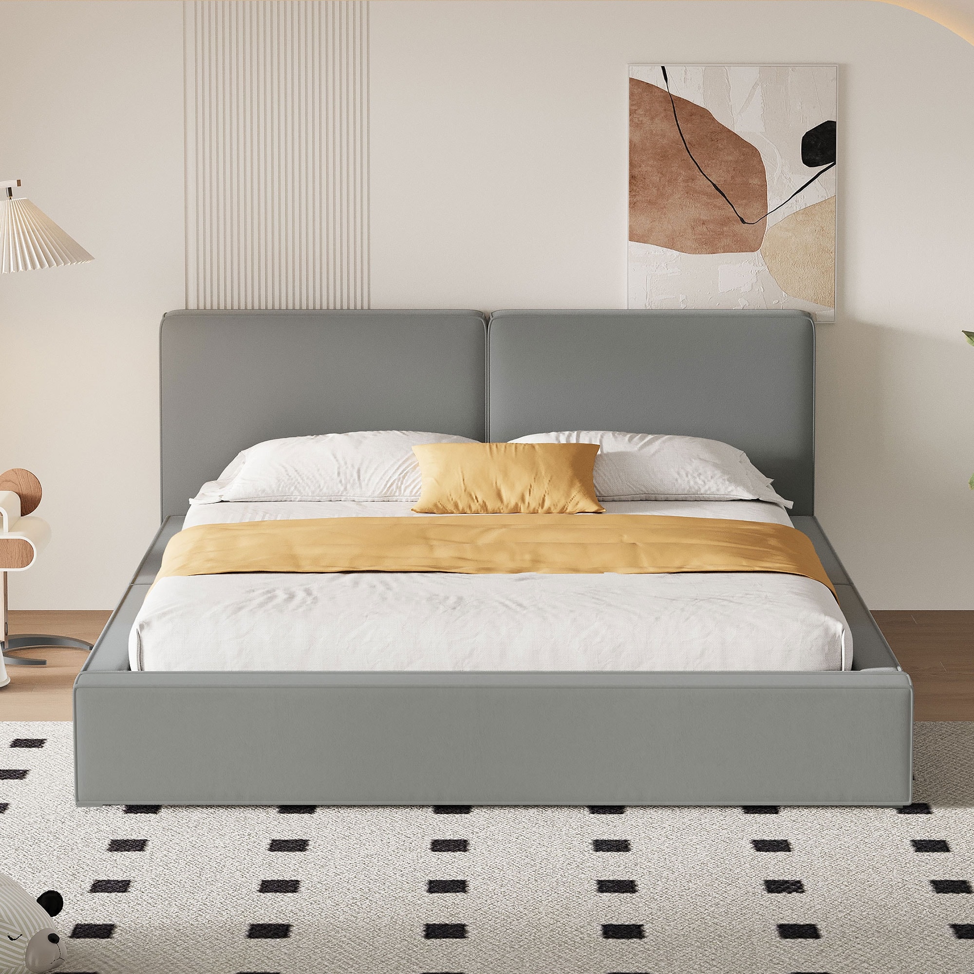 Queen Upholstered Platform Bed, Solid Wood Grounded Bed Frame, Gray