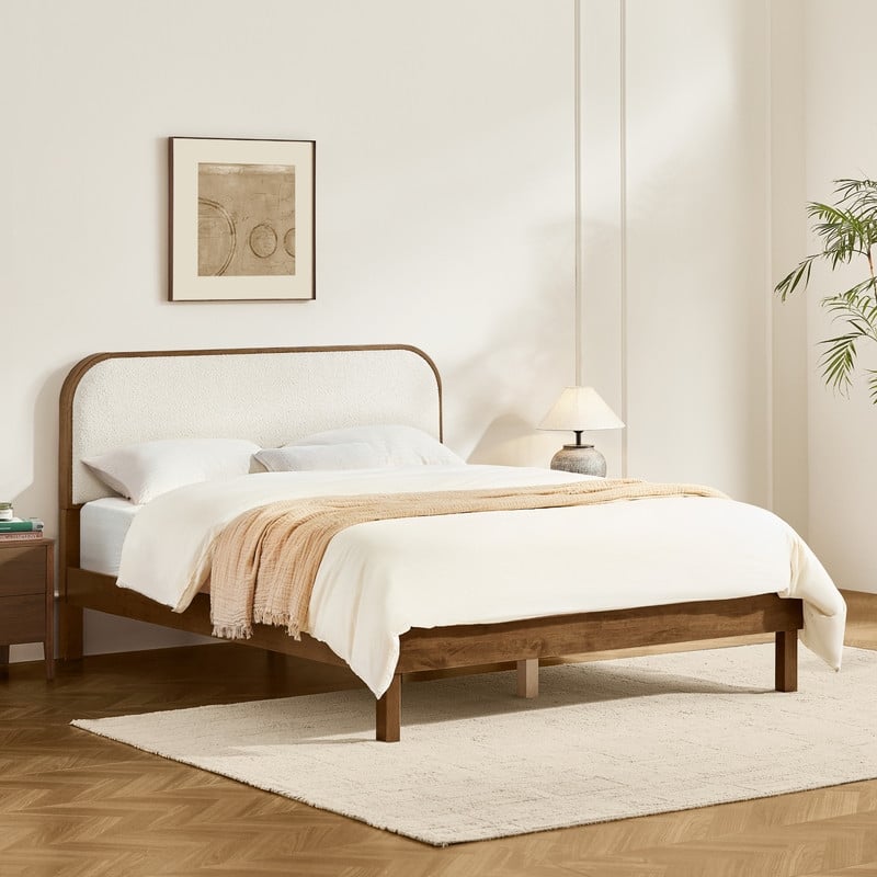 Spruce & Spring Modern Round Boucle Upholstered Platform Bed with Solid Wood Frame