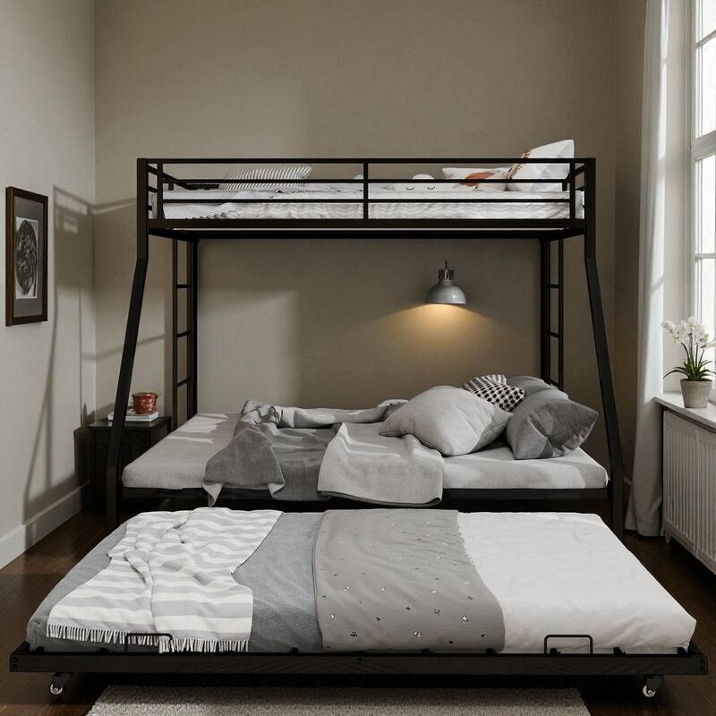 Full Size Metal Bunk Bed with Ladder and Rolling Trundle, Square Tube Frame, Heavy-Duty Triple-Sleeper for Home or Dorm