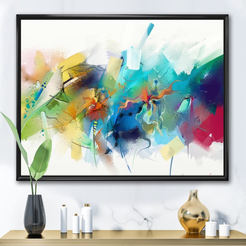 Designart "Turquoise Story With Touches Of Yellow And Red" Modern Framed Canvas Wall Art Print - 40 in. wide x 30 in. high - Black