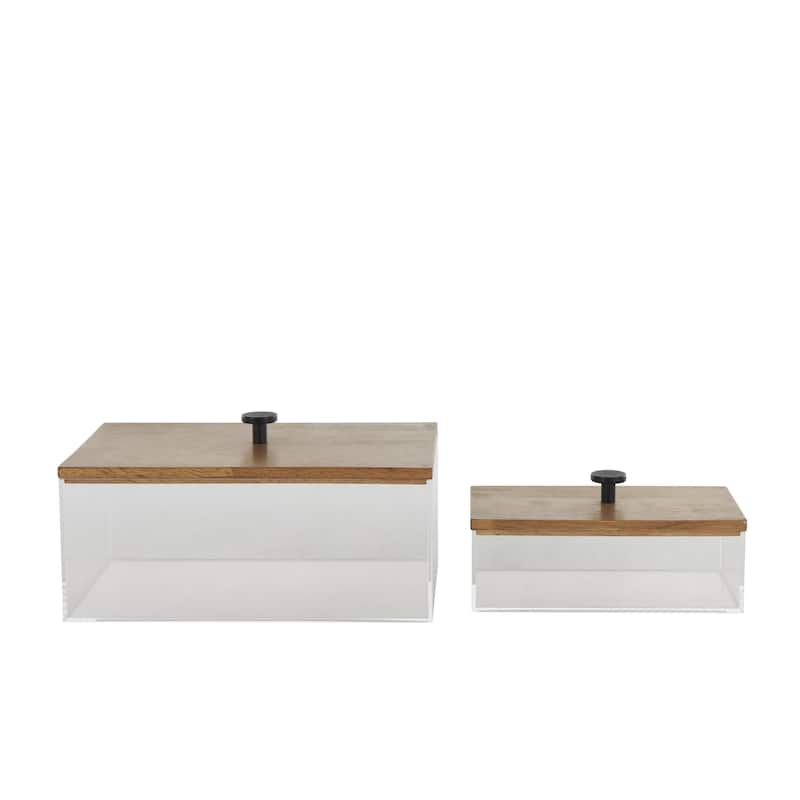 Acrylic Plastic Box with Brown Wooden Lids and Black Knobs - Set of 2 - Roche River Decor