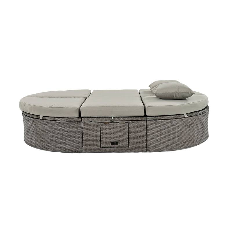 Outdoor Patio Rattan Round Daybed Sunbed with Adjustable Backrests and Foldable Cup Trays