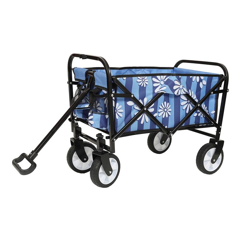 Patterned Collapsible Utility Wagon - Blue Vertical Stripe Design with Storage Straps, 225lb Capacity