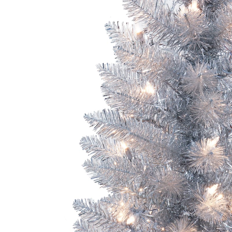 Puleo International 4.5 ft. Pre-Lit Silver Tinsel Artificial Tree