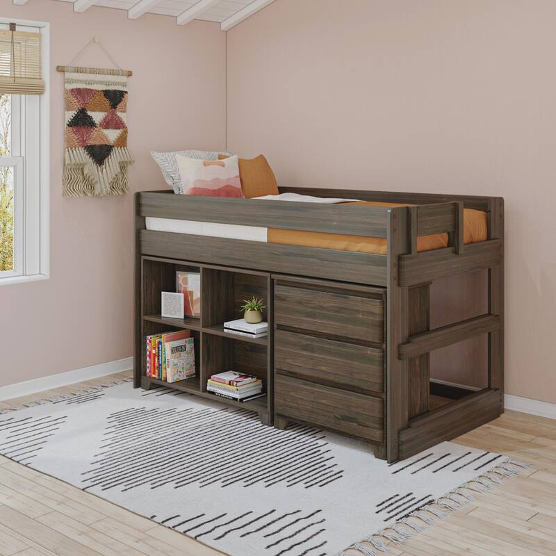 Max and Lily Farmhouse Twin Low Loft with Dresser and Bookcase - Barnwood Brown