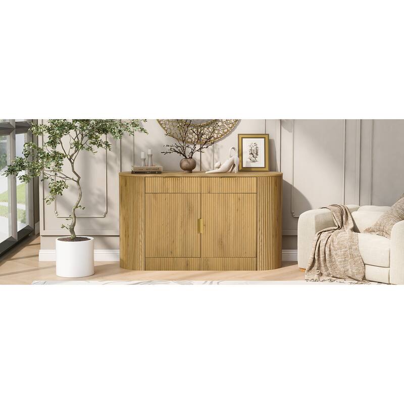Roomfitters 55.1" Oval Sideboard Buffet Cabinet with 2 Drawers & Wine Rack, Mid-century Modern Fluted Accent for Dining