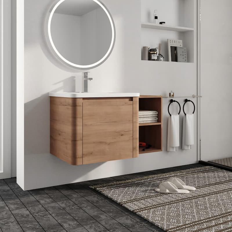 Malwee 24"/36"/48"/60" Floating Bathroom Vanity, Wall Mounted Bathroom Vanity with Ceramic Sink,Soft Close Door and Shelf