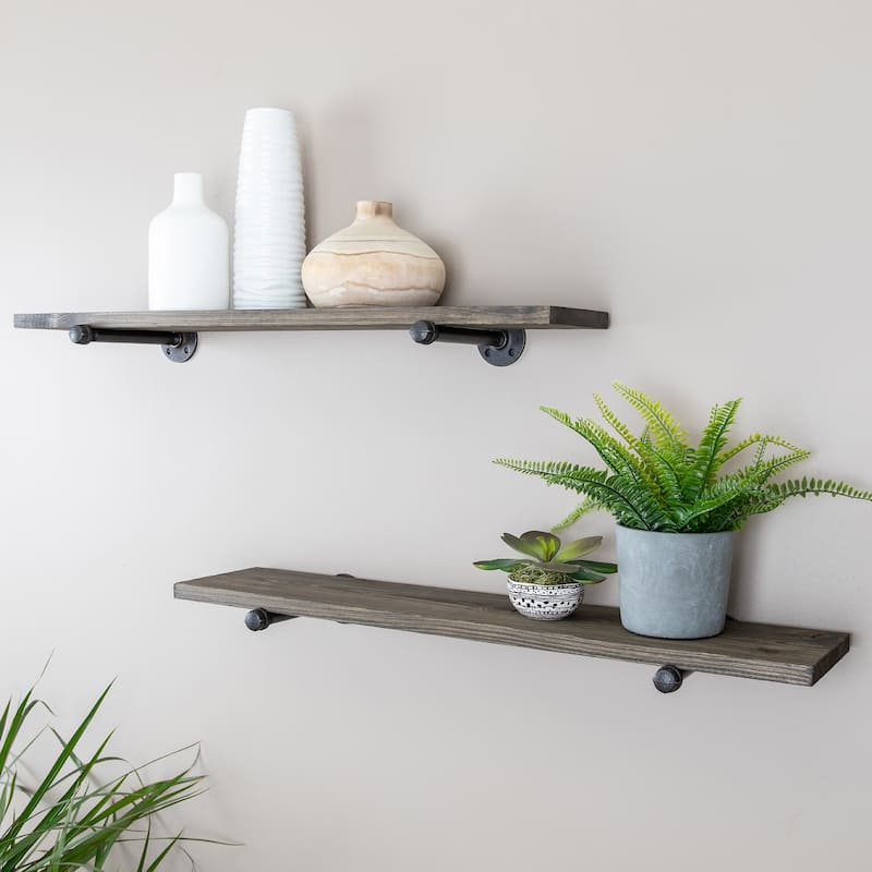 PIPE DECOR 36" Solid Wood Wall Shelves with Rustic Black Industrial Steel Pipe Brackets, Set of 2