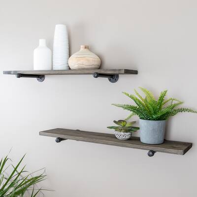 PIPE DECOR 36" Solid Wood Wall Shelves with Rustic Black Industrial Steel Pipe Brackets, Set of 2