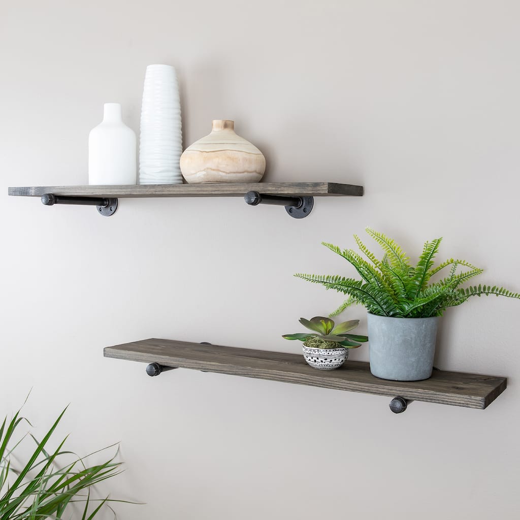 PIPE DECOR 36" Solid Wood Wall Shelves with Rustic Black Industrial Steel Pipe Brackets, Set of 2